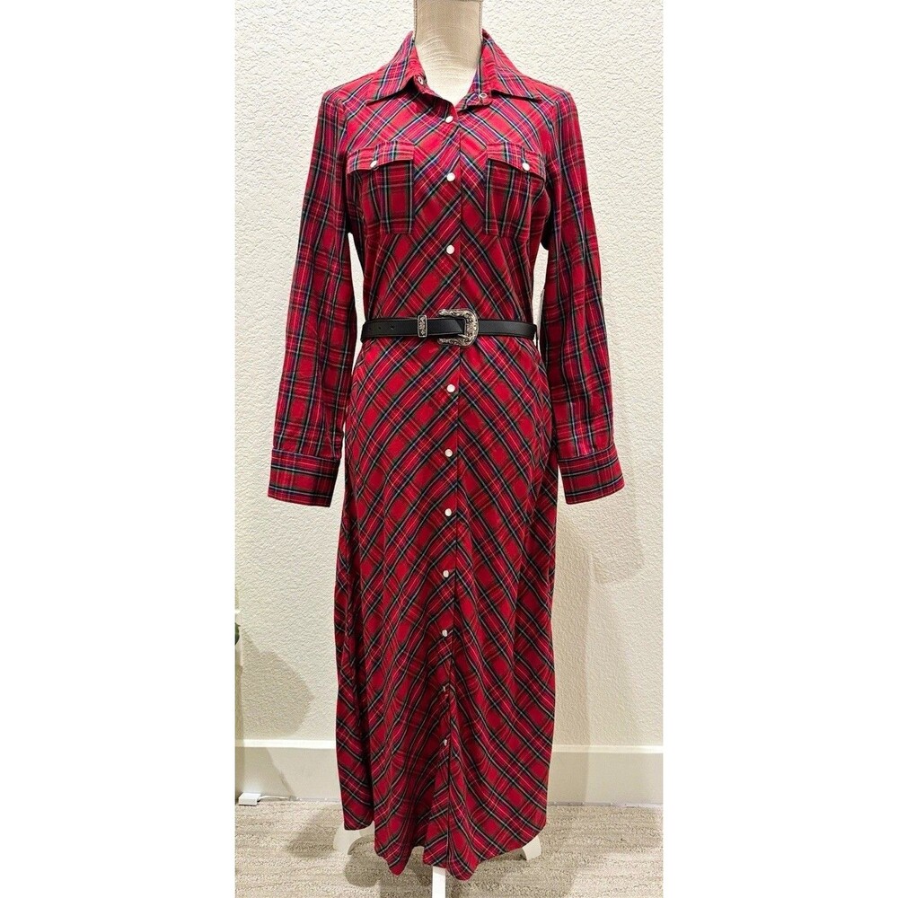REBA Women’s Red Plaid Cotton Woven Button-Front Collared Belted Maxi Dress.  M